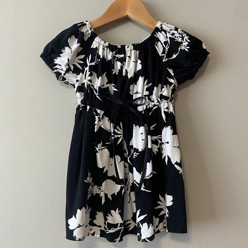Handmade Children's Upcycled Rayon Black White Pattern Back Tie Bow Dress